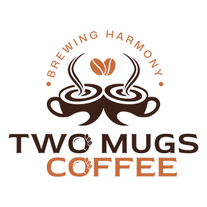 Logo of Two Mugs Coffee with two mugs and a coffee bean on a white background.