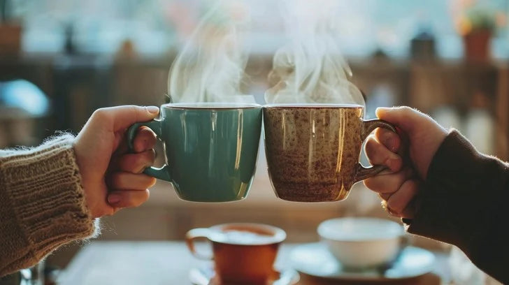 Two hands holding steaming mugs of hot chocolate in a cozy setting.